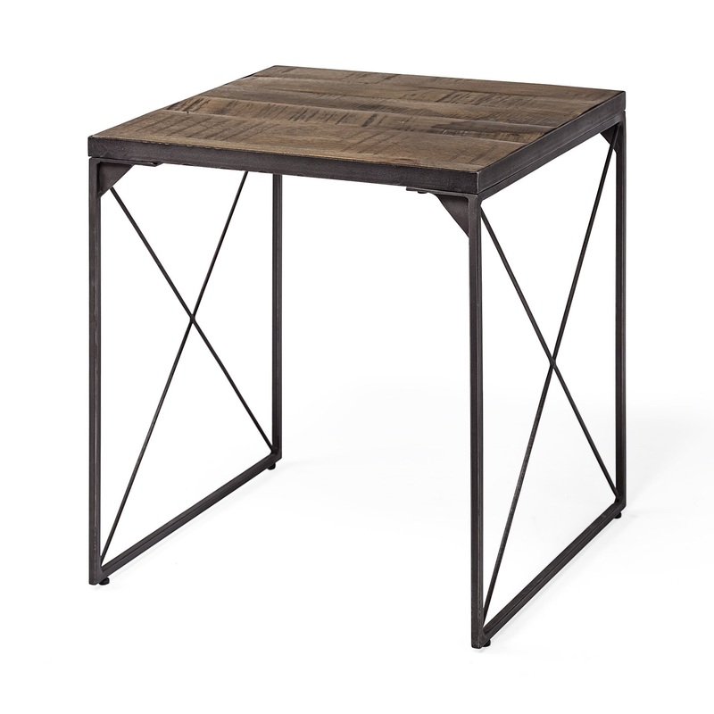 Medium Brown Wood Side Table with Square Top and Iron Cross Braced By Homeroots