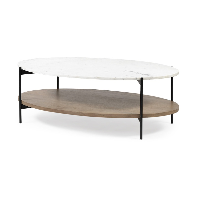 Oval White Marble Top and Black Metal Base Coffee Table w Wood Shelf By Homeroots