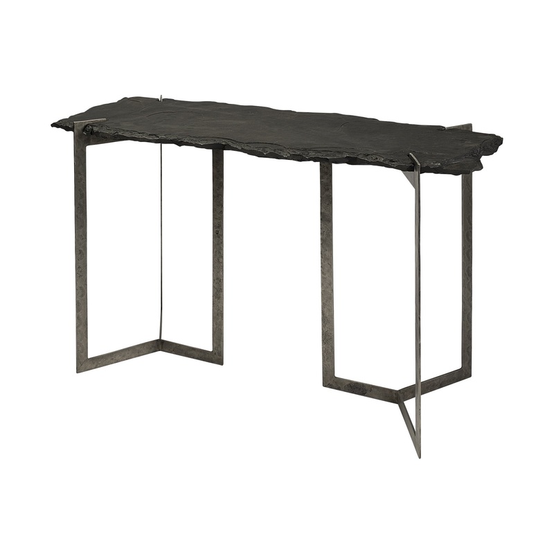 Rectangular Black Live Edge Slate Console Table With Double Pedestal Base By Homeroots