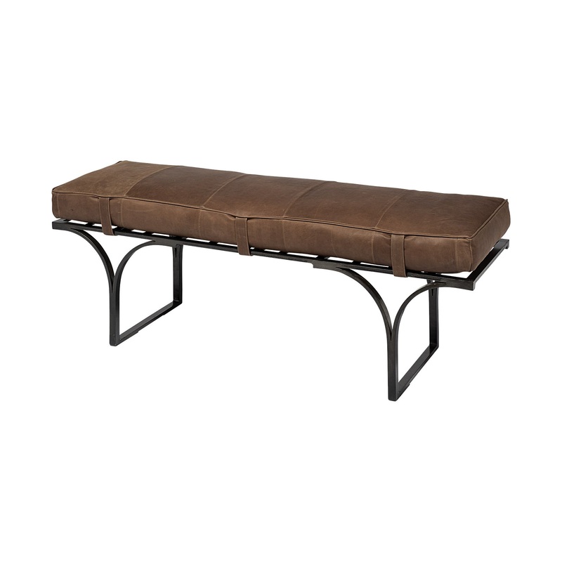Rectangular MetalMatte-Black Antiqued Brown Genuine Leather Seat Accent Bench By Homeroots