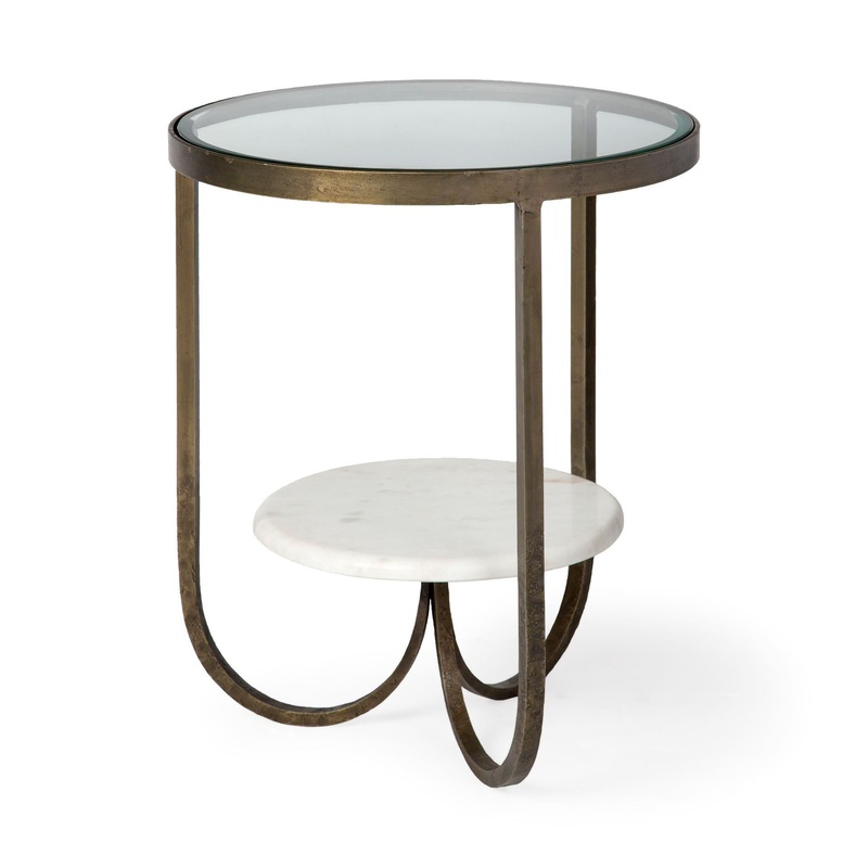 Round Glass Top Metal Side Table with Marble Shelf on Bottom By Homeroots