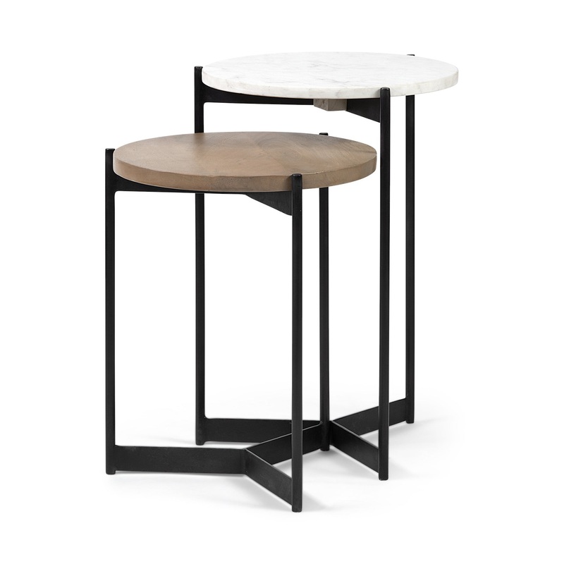 Set of 2 Medium Brown Wood Round Top Side Tables with Marble Nesting By Homeroots