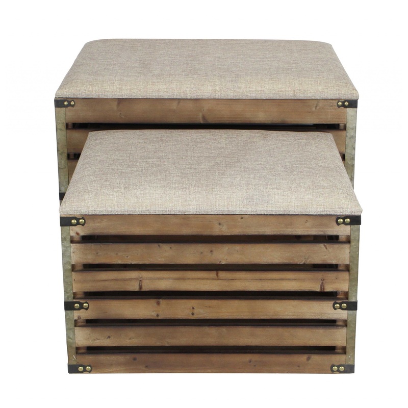 Set of 2 Rectangular Brown Linen Fabric and Wood Slats Storage Benches By Homeroots