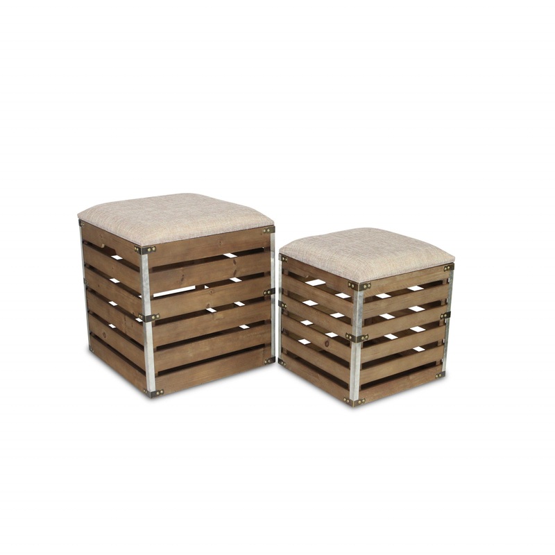 Set of 2 Square Brown Linen Fabric and Wood Slats Storage Benches By Homeroots