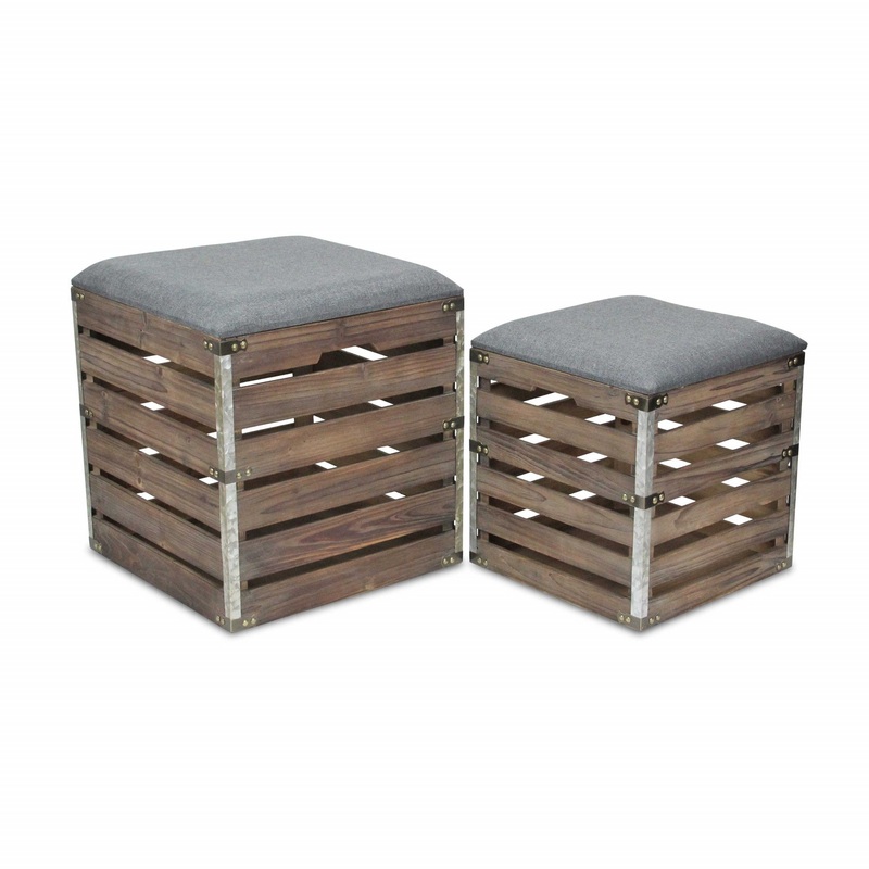 Set of 2 Square Gray Linen Fabric and Wood Slats Storage Benches By Homeroots