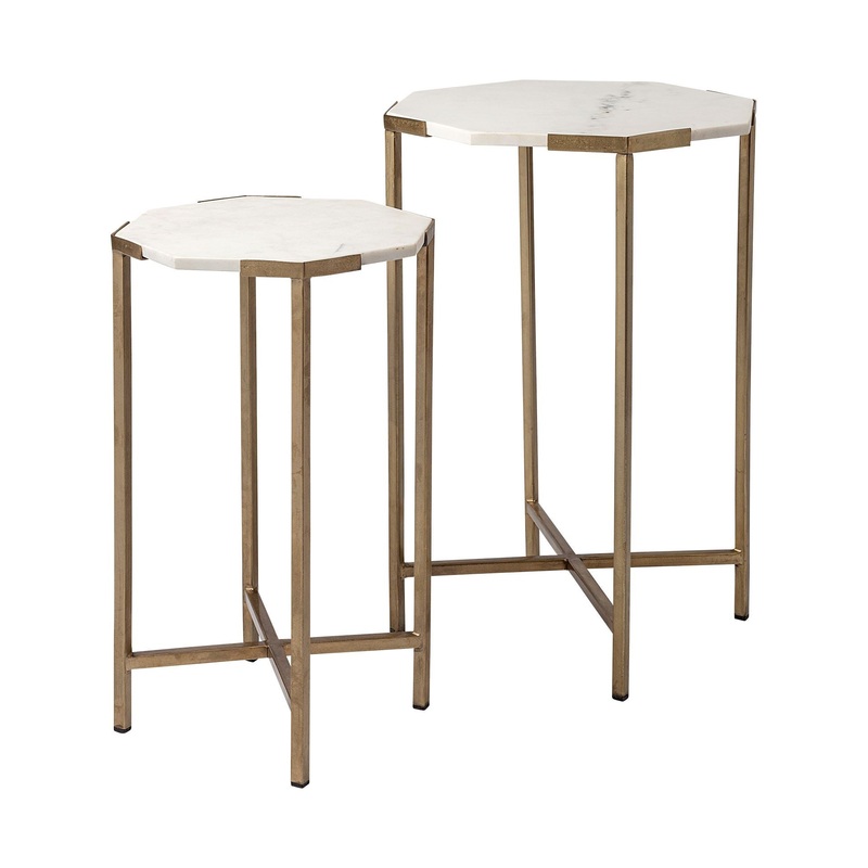 Set of 2 White Marble and Iron Hexagonal Top Side Tables By Homeroots