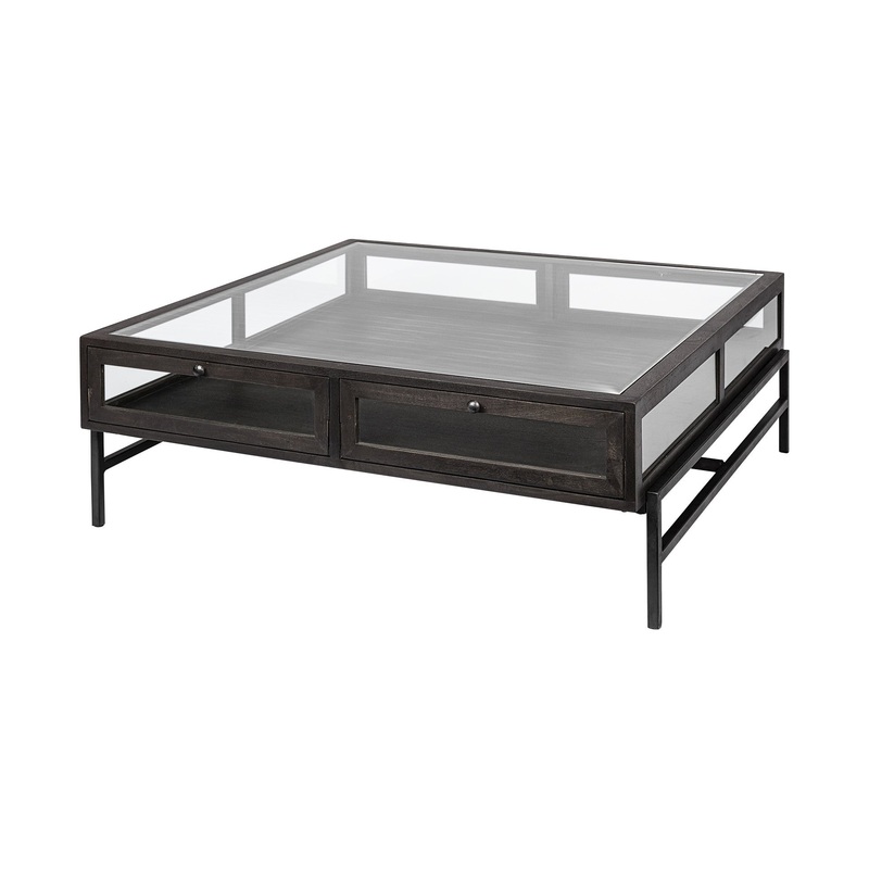 Square Glass Top Wood and Black Metal Base Display Coffee Table w 2 Drawers By Homeroots