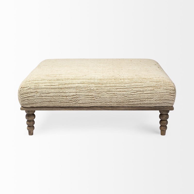 Square Indian Mango WoodNatural-Brown Polished W Upholstered Cream Seat Accent Bench By Homeroots