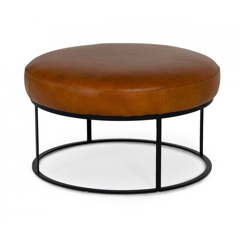 Compact 30" Round Camel Leather Ottoman Stool By Homeroots