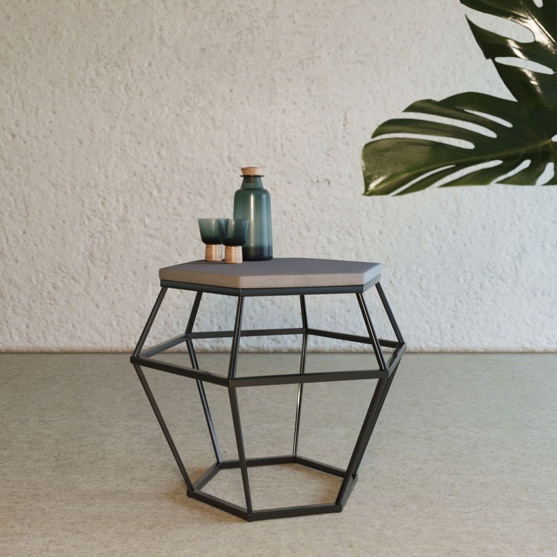 Modern Gray Concrete and Black Metal Hexagonal End Table By Homeroots