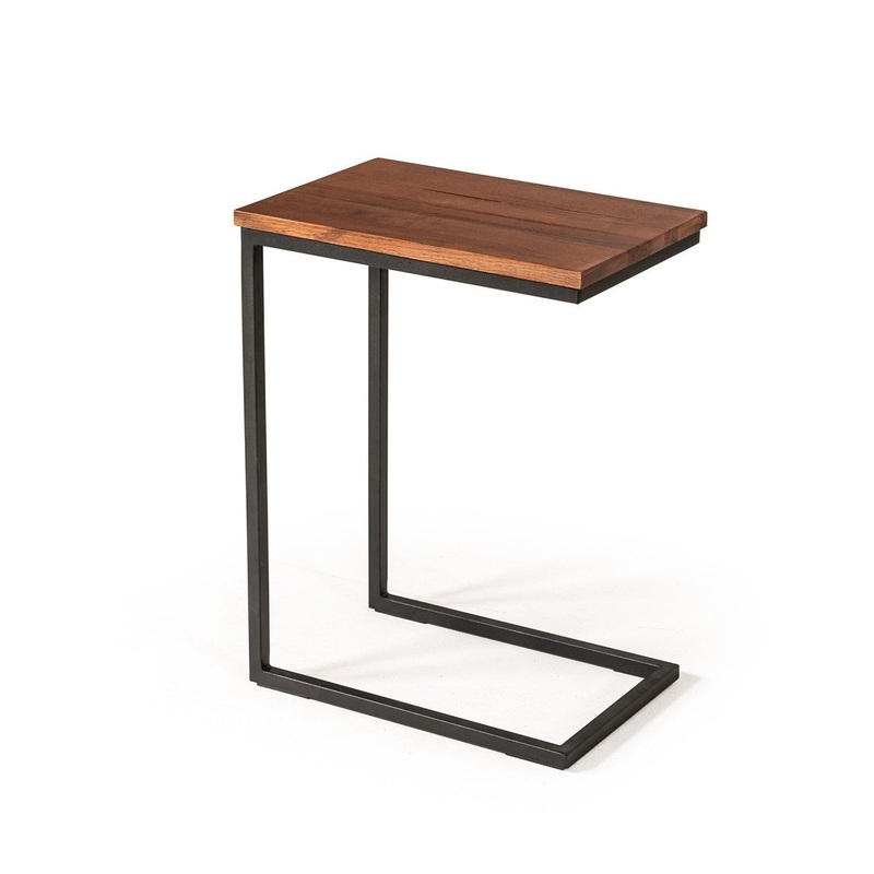 Modern Rustic Brown Aged Oak Wood and Metal C Shape Snack Table By Homeroots