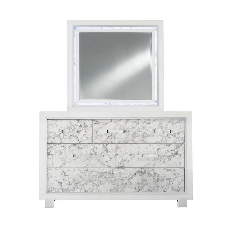 Modern White Mirror with Faux Marble Border Detail LED Lightning By Homeroots