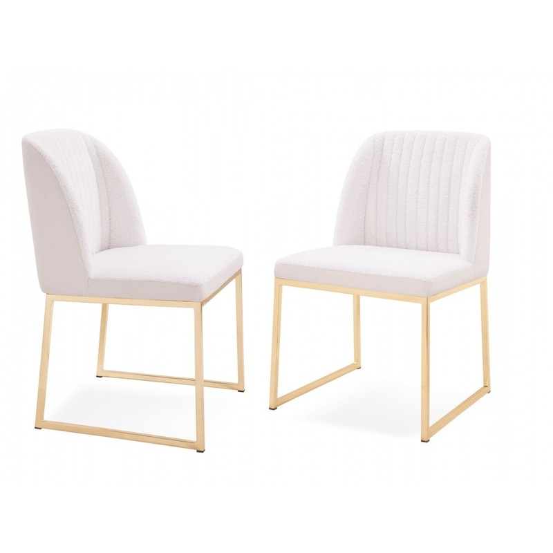 Set of Two White Gold Faux Leather Fabric Dining Chairs By Homeroots