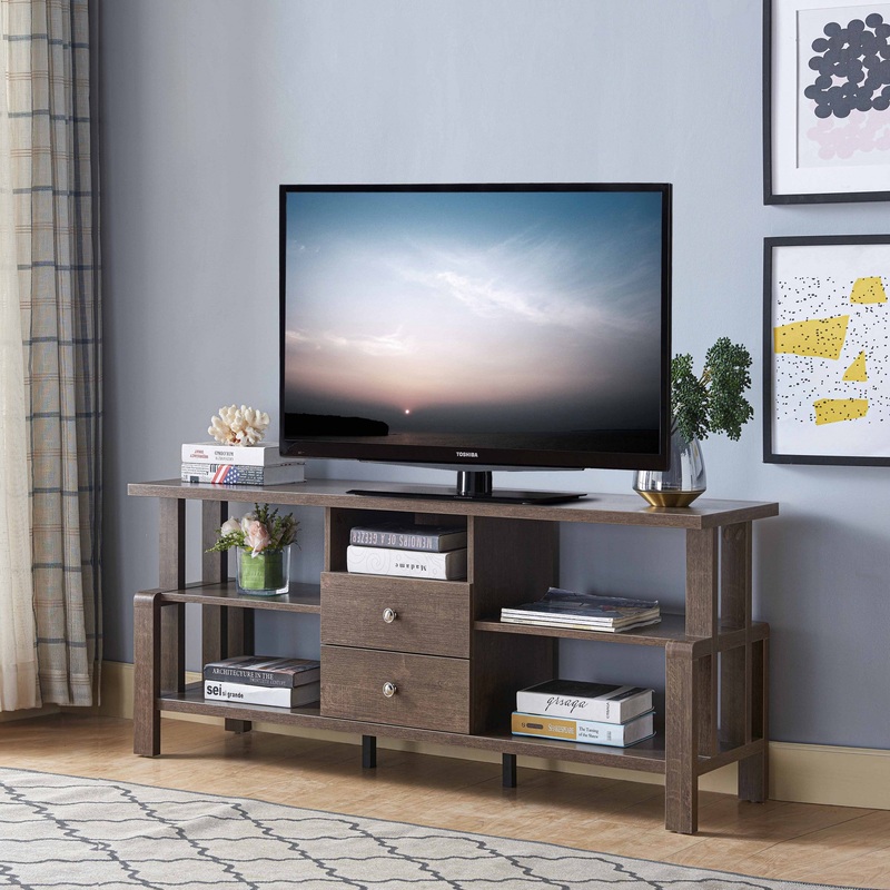 Walnut Oak Rustic Geo TV Stand with Two Center Drawer By Homeroots