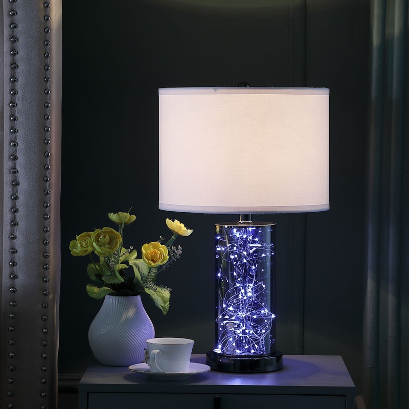 21" Glass LED Cylinder Table Lamp with Nightlight and White Drum Shade By Homeroots