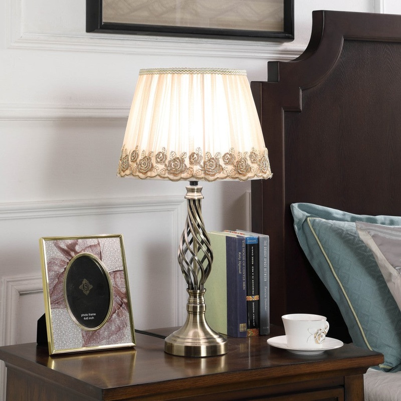 23" Antiqued Brass Metal Table Lamp With White And Brown Classic Empire Shade By Homeroots