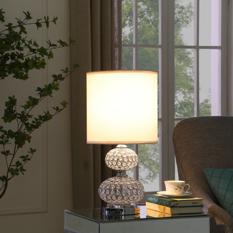 24" Chrome and Faux Crystal Double Orb Table Lamp With White Classic Drum Shade By Homeroots