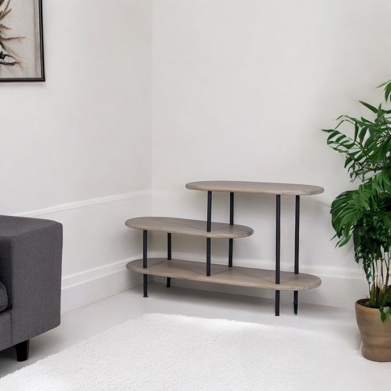 25 White And Gray Iron and Solid Wood Three Tier Bookcase By Homeroots