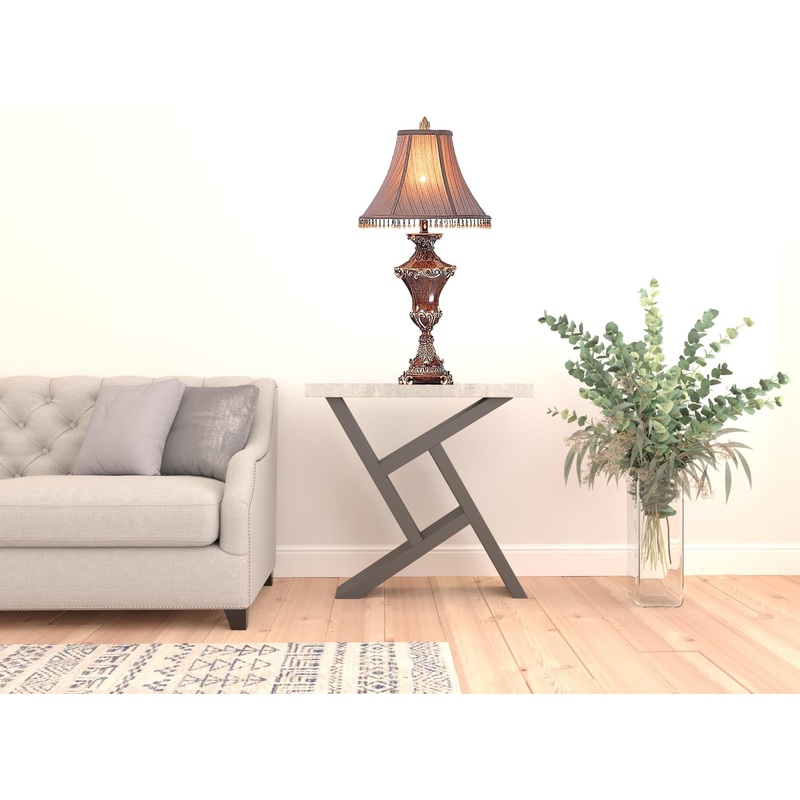 32" Bronze Urn Table Lamp With Brown Bell Shade and Hanging Beads By Homeroots