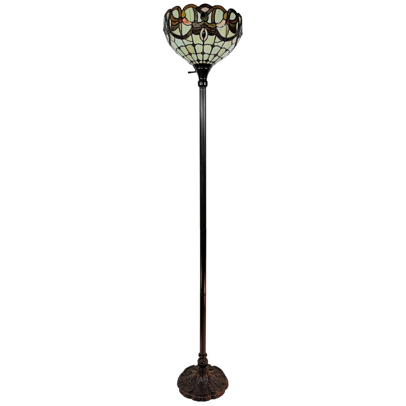 Beige Torchiere Floor Lamp With Red And White Flowers Glass Dome Shade By Homeroots
