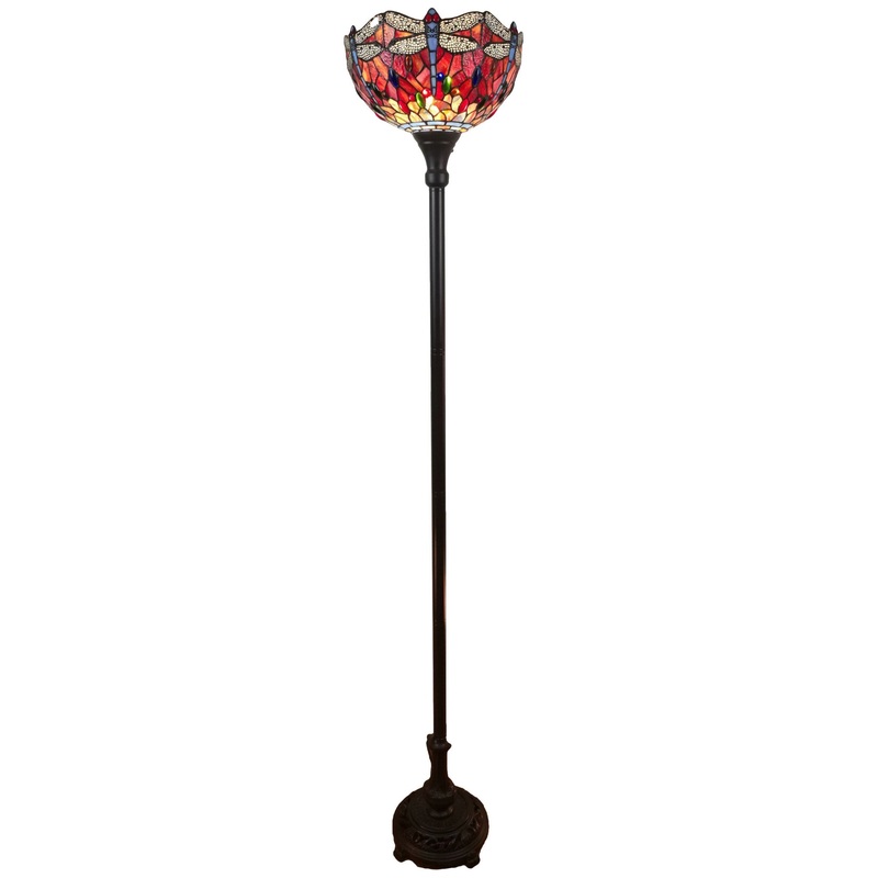 Black And Red Torchiere Floor Lamp With Red Dragonfly Glass Dome Shade By Homeroots