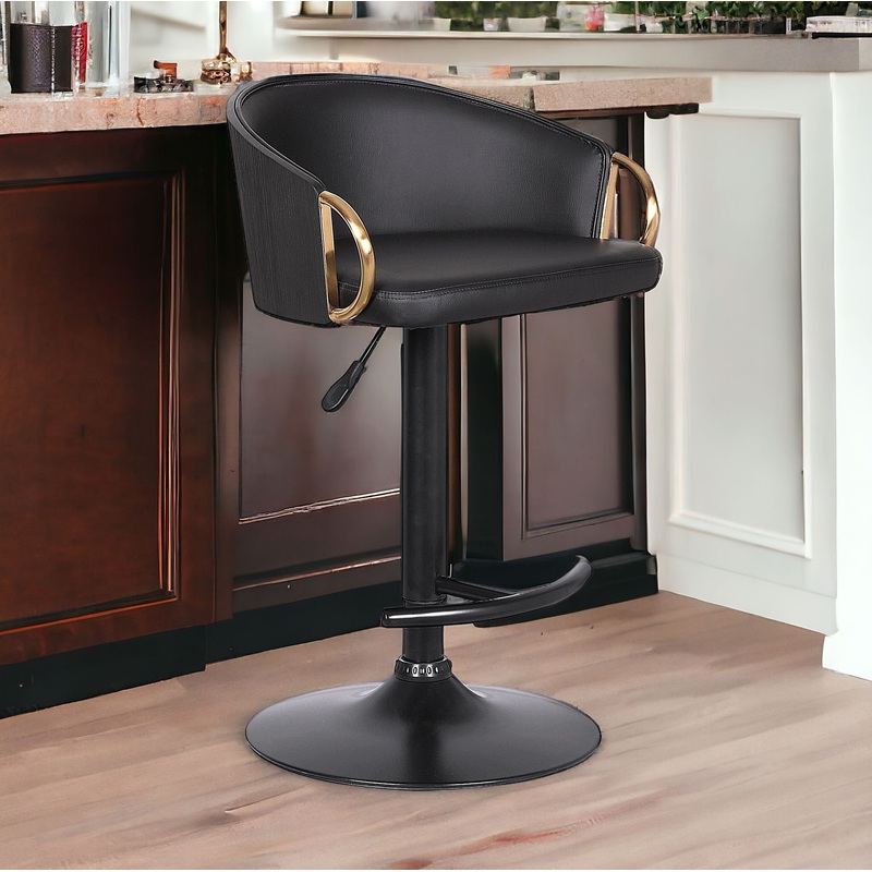 Black Iron Faux Leather and Fabric Low Back Adjustable Height Swivel Bar Chair By Homeroots