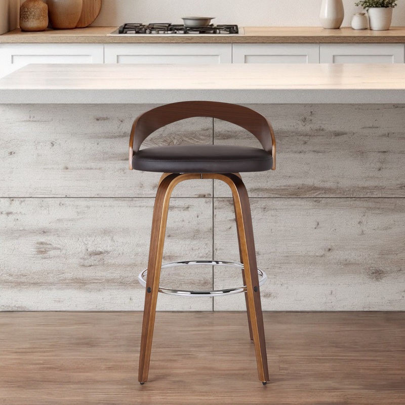 Brown Faux Leather and Solid Wood Low Back Bar Height Swivel Bar Chair By Homeroots