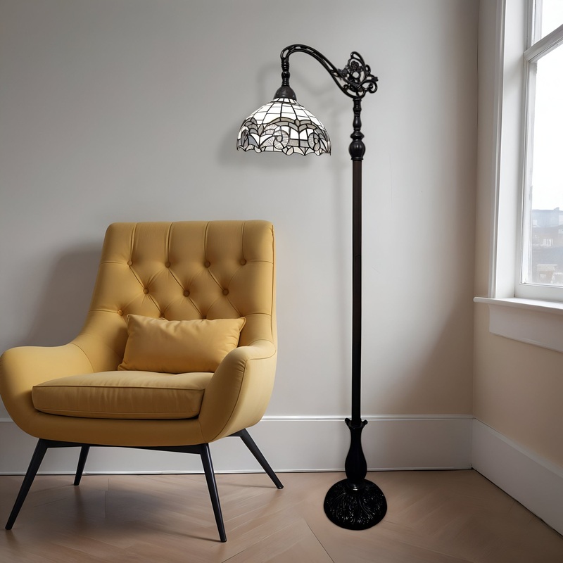 Brown Metal Arched Floor Lamp With White Geometric Stained Glass Shade By Homeroots