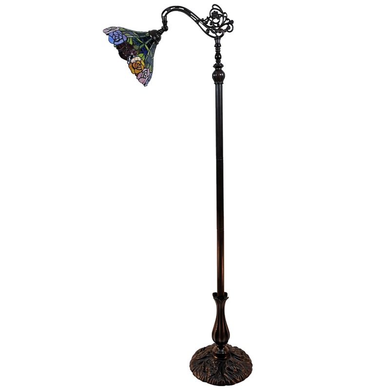 Brown Torchiere Floor Lamp With Blue and Yellow Flowers Glass Dome Shade By Homeroots