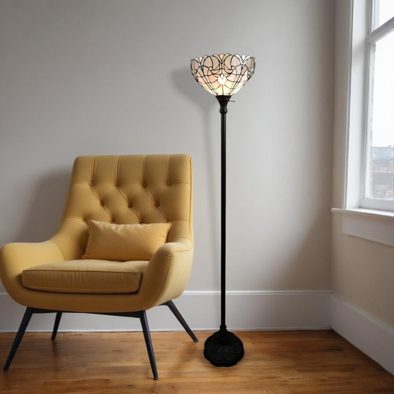 Brown Torchiere Floor Lamp With White Tiffany Style Glass Dome Shade By Homeroots