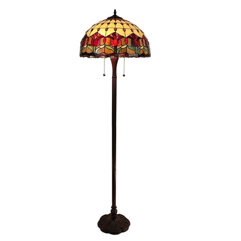 Brown Two Light Traditional Shaped Floor Lamp With Red Flowers Stained Glass Dome Shade By Homeroots