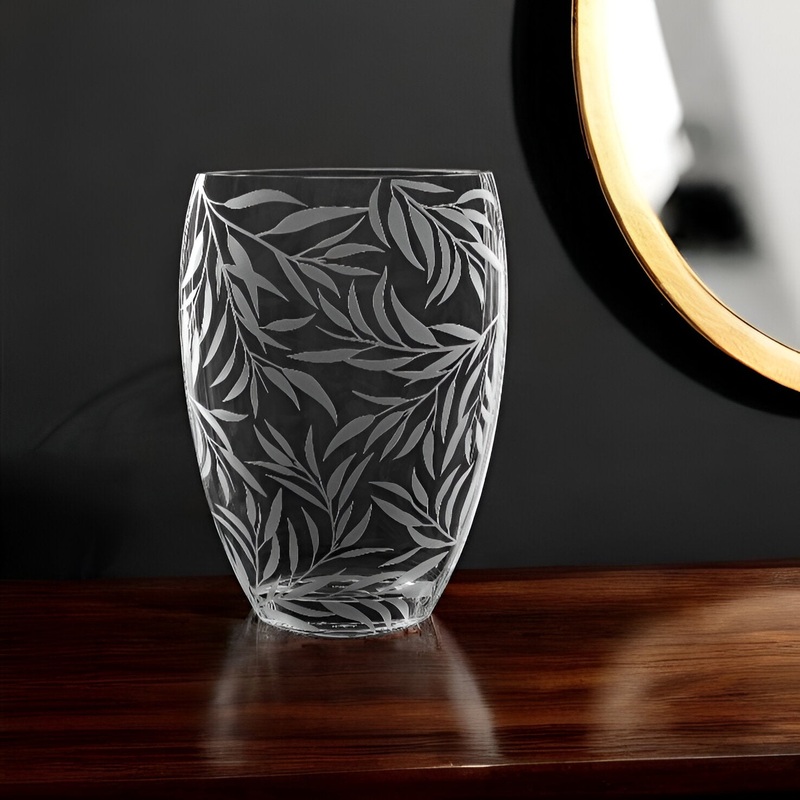 Clear and Frosted Leaf Pattern Oval Crystal Table Vase By Homeroots