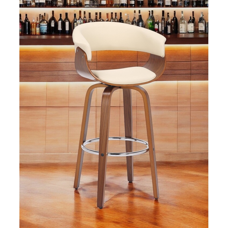 Cream and Brown Faux Leather and Solid Wood Low Back Counter Height Swivel Bar Chair By Homeroots