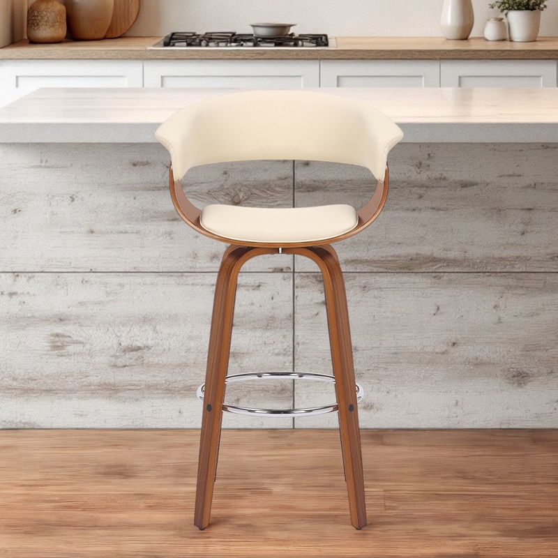 Cream And Brown Faux Leather And Solid Wood Swivel Low Back Bar Height Bar Chair By Homeroots
