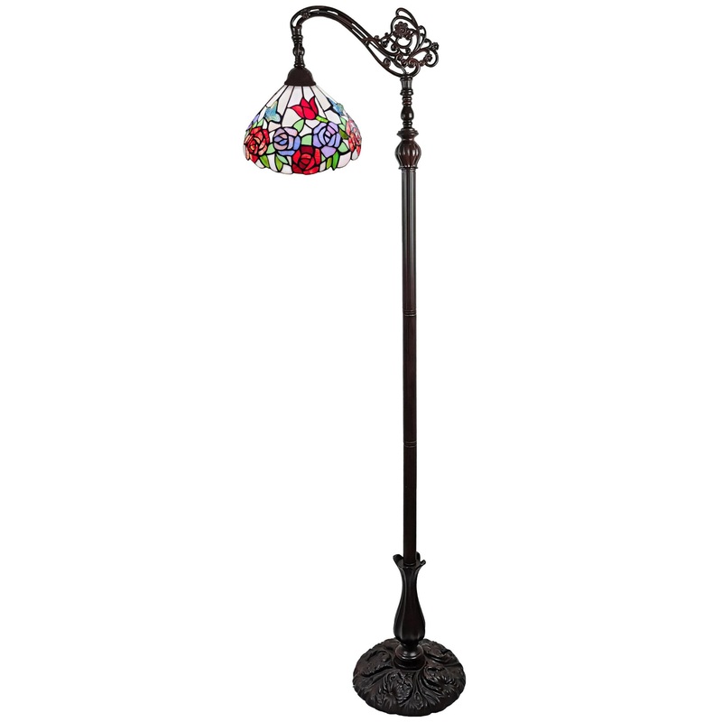 Espresso Torchiere Floor Lamp With Green And White Flowers Glass Dome Shade By Homeroots