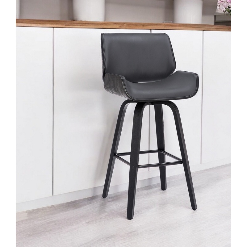 Gray and Black Faux Leather and Iron Bar Height Swivel Bar Chair By Homeroots