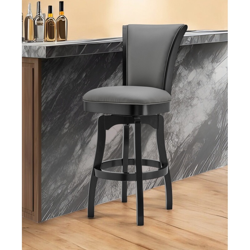 Gray and Black Faux Leather and Iron Counter Height Swivel Bar Chair By Homeroots