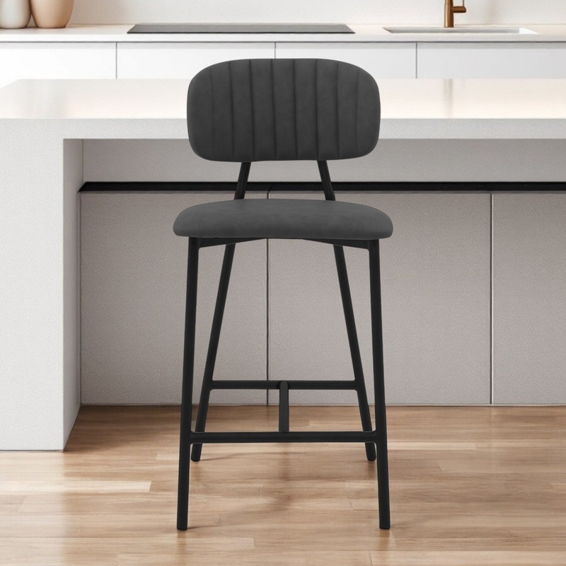 Gray and Black Faux Leather and Iron Low Back Counter Height Bar Chair By Homeroots
