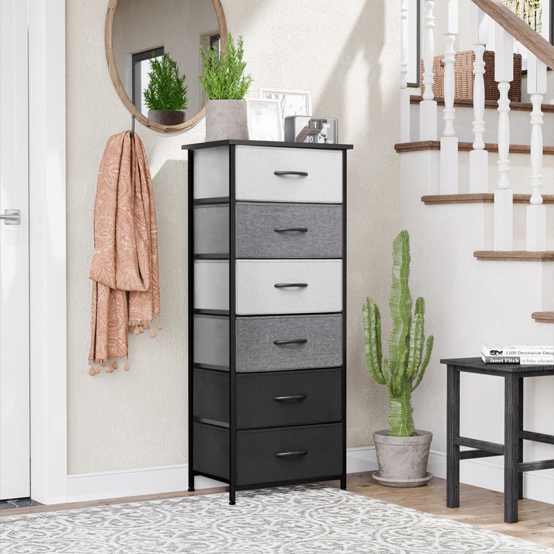 Gray and Black Steel and Fabric Six Drawer Chest By Homeroots