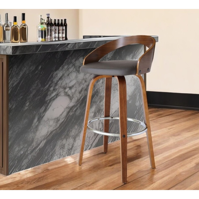 Gray and Brown Faux Leather and Iron Low Back Bar Height Swivel Bar Chair By Homeroots
