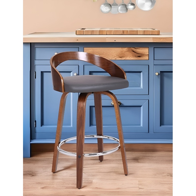 Gray and Brown Faux Leather and Iron Low Back Counter Height Swivel Bar Chair By Homeroots