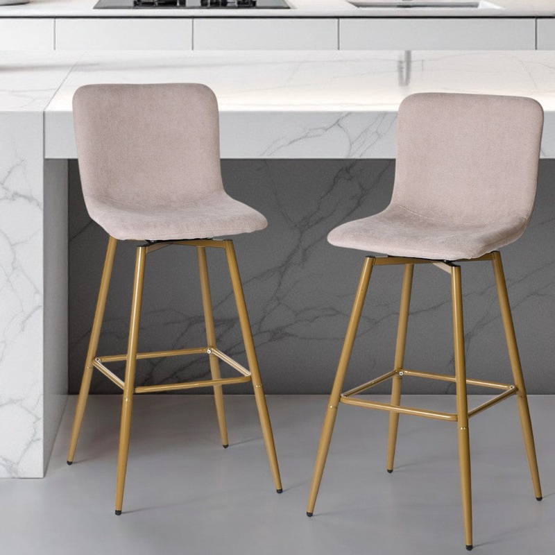 Set of Two Light Taupe and Gold Fabric and Steel Bar Height Swivel Bar Chairs By Homeroots
