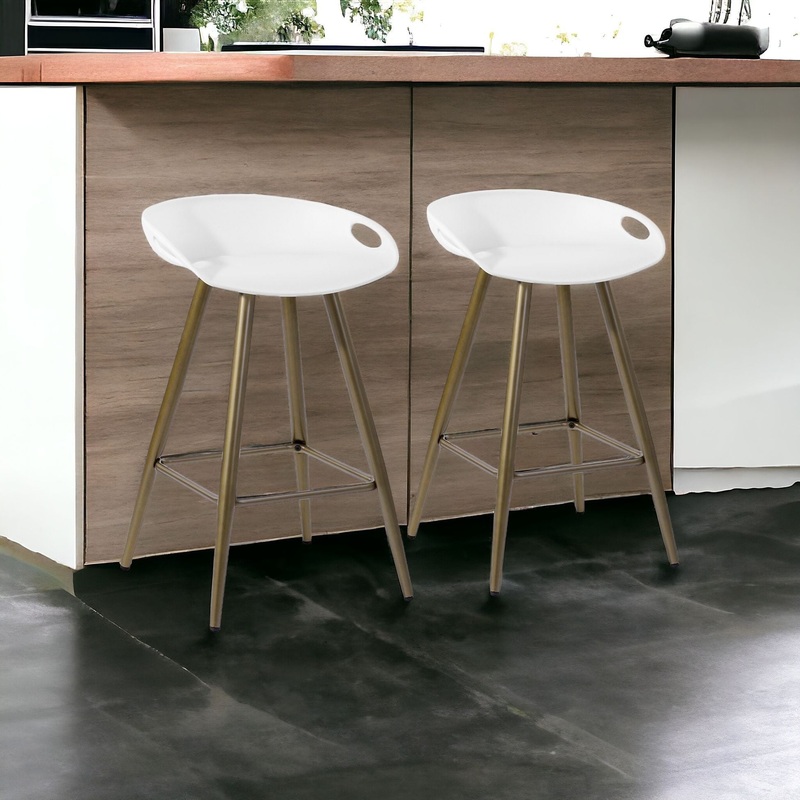 Set of Two White And Bronze Steel Low Back Counter Height Bar Chairs By Homeroots