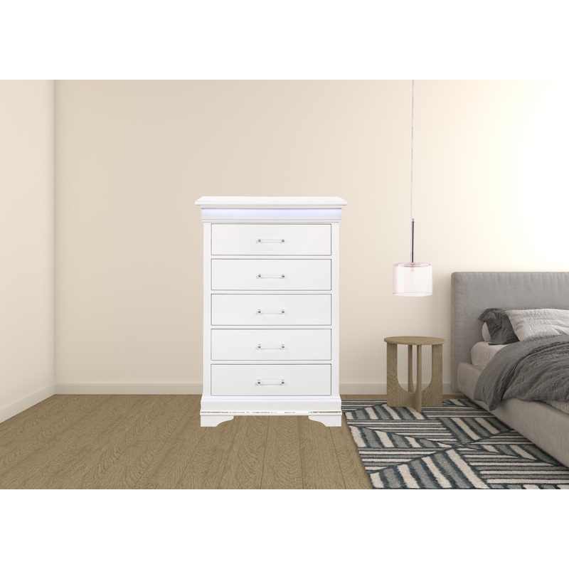 White Solid Wood Five Drawer Chest with LED Lighting By Homeroots