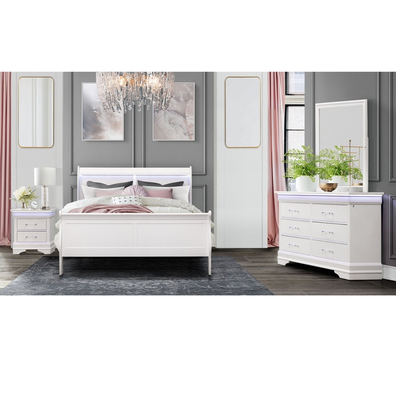 White Solid Wood Six Drawer Double Dresser with LED By Homeroots