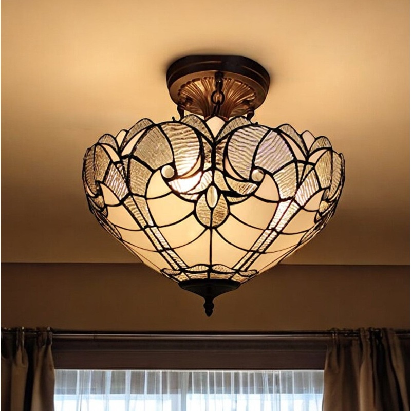 Yellow and Brown Two Light Tiffany Style Semi Flush Dimmable Ceiling Light By Homeroots