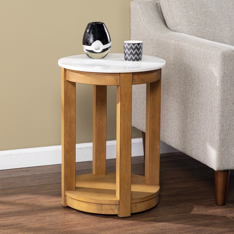 22" Natural Wood And White Faux Marble Manufactured Wood Round End Table With Shelf By Homeroots