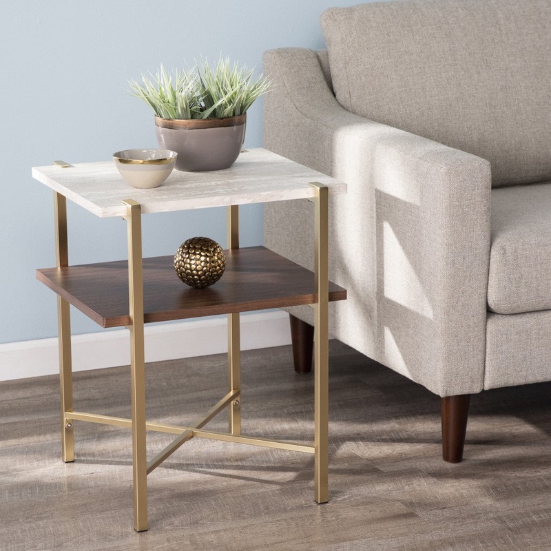 24" Brass Manufactured Wood And Iron Square End Table With Shelf By Homeroots