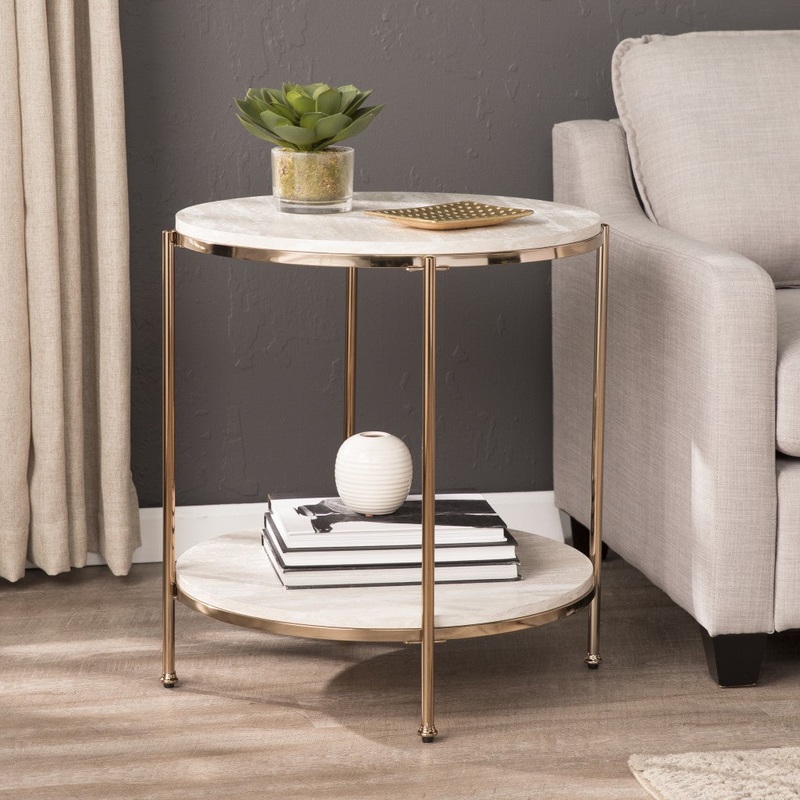 24" Champagne Faux Marble And Iron Round End Table With Shelf By Homeroots