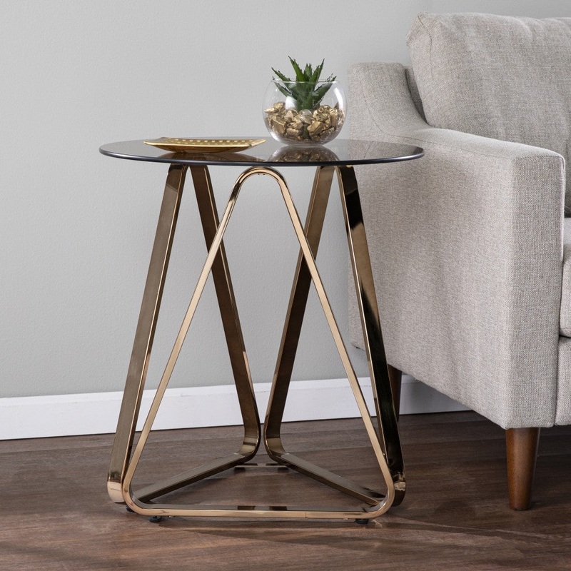 24" Champagne Glass And Iron Round End Table By Homeroots